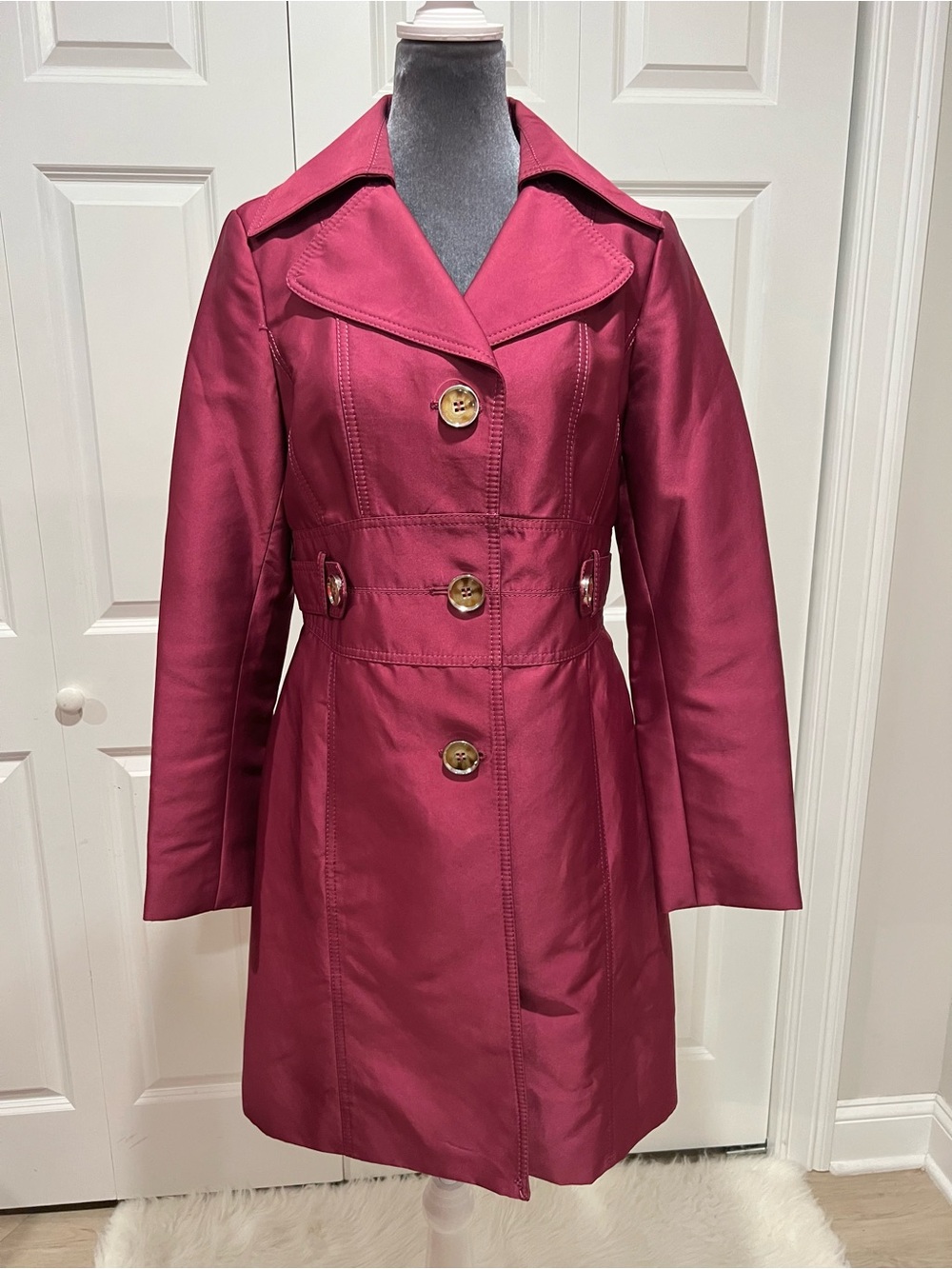 Classic Women's Raspberry Trench Coat - Stylish Long Jacket